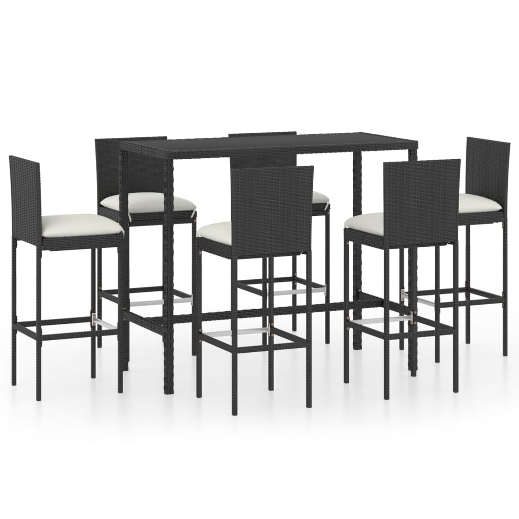 Set mobilier bar de grădină cu perne, 7 piese, negru, poliratan