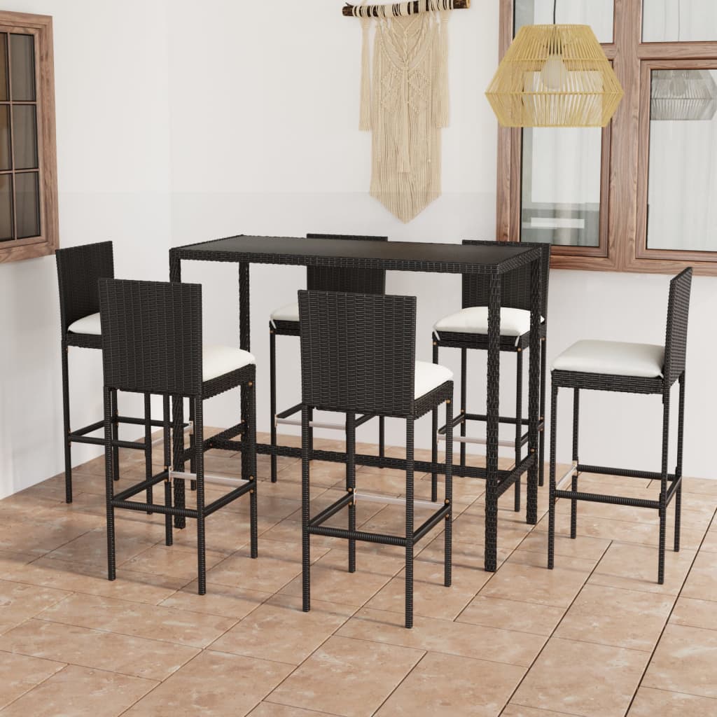 Set mobilier bar de grădină cu perne, 7 piese, negru, poliratan