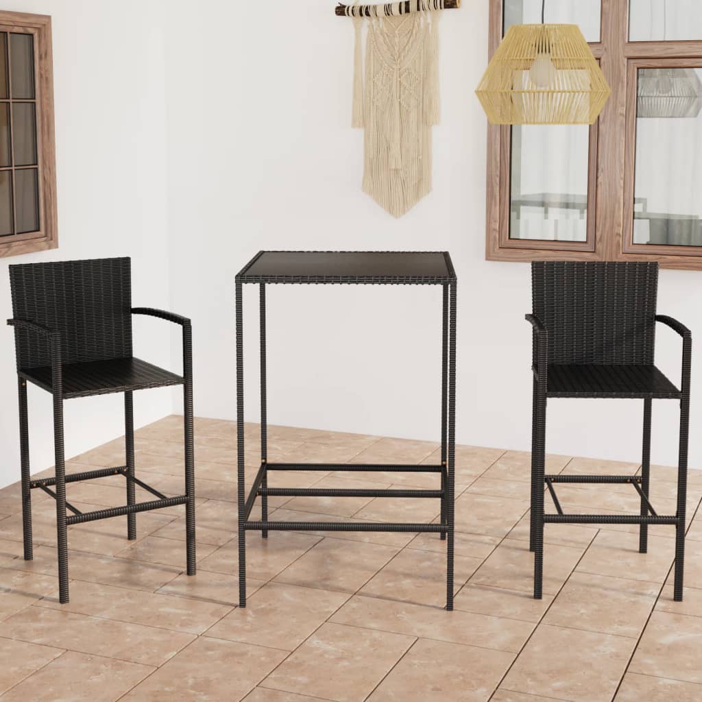 Set mobilier bar de grădină, 3 piese, negru, poliratan