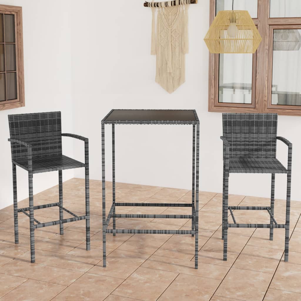 Set mobilier bar de grădină, 3 piese, gri, poliratan