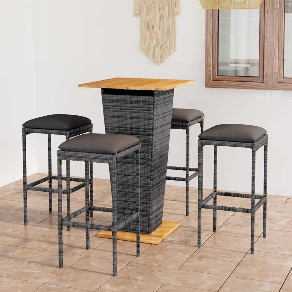 Set mobilier bar de grădină cu perne, 5 piese, gri, poliratan