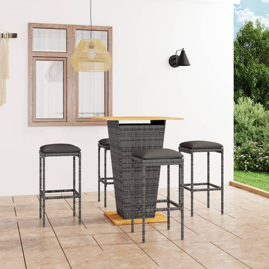 Set mobilier bar de grădină cu perne, 5 piese, gri, poliratan