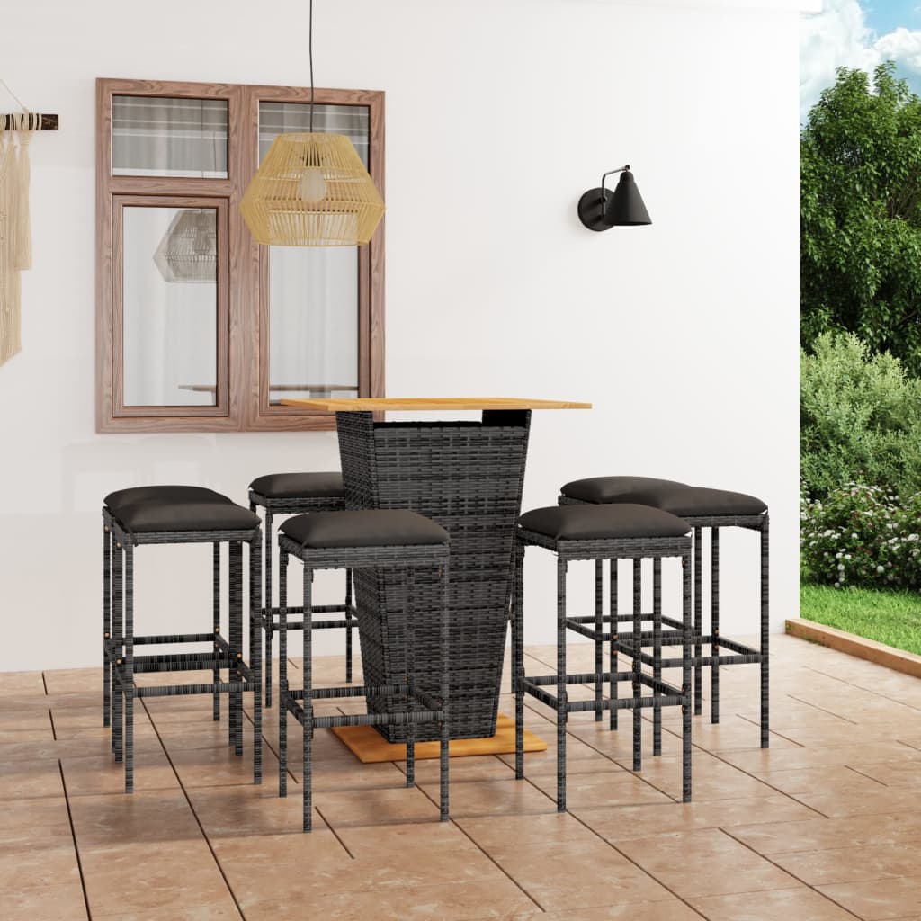 Set mobilier bar de grădină cu perne, 9 piese, gri, poliratan