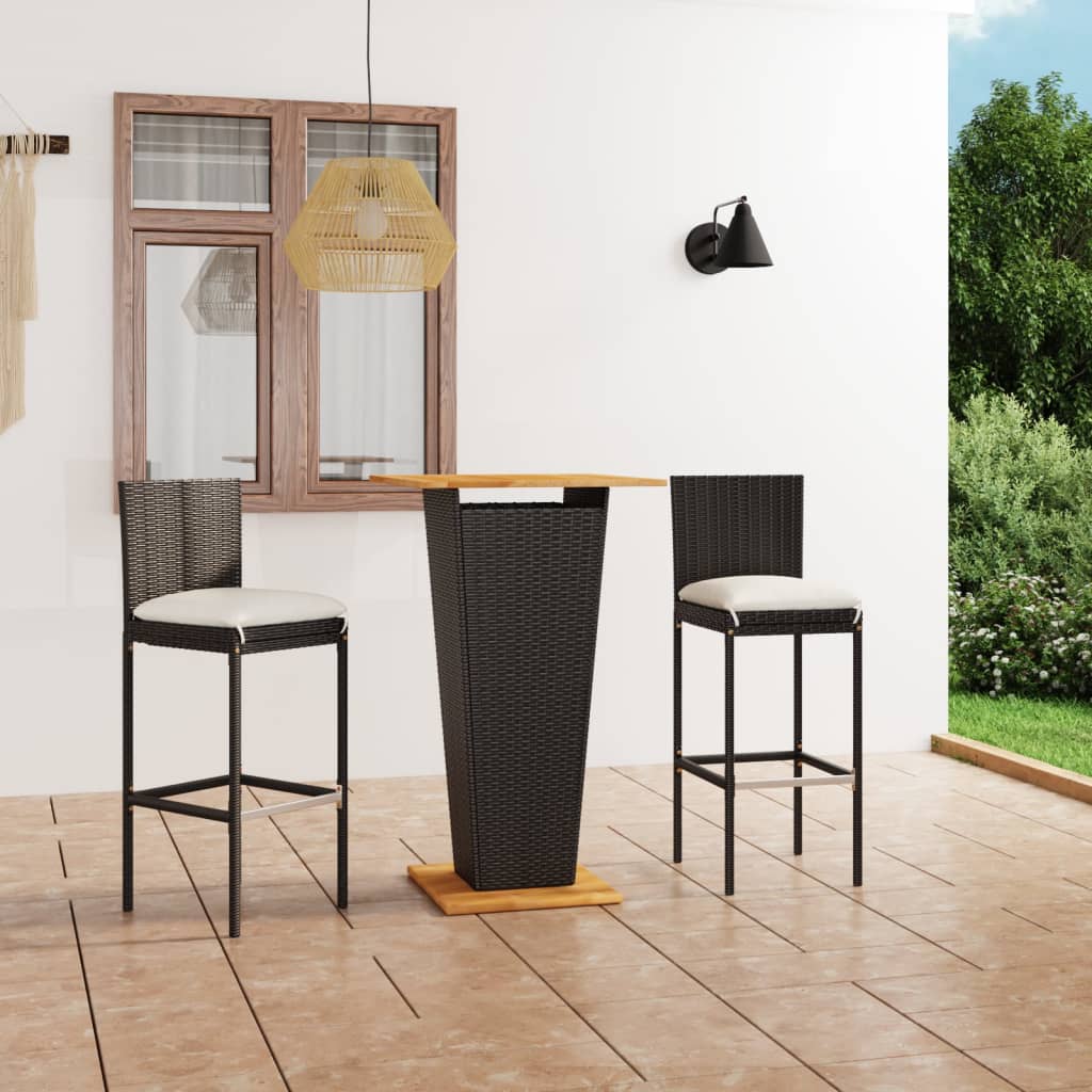 Set mobilier bar de grădină cu perne, 3 piese, negru, poliratan - Lando