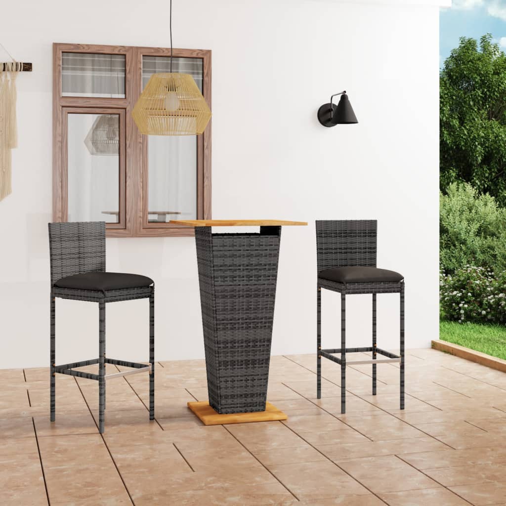 Set mobilier bar de grădină, cu perne, 3 piese, gri, poliratan