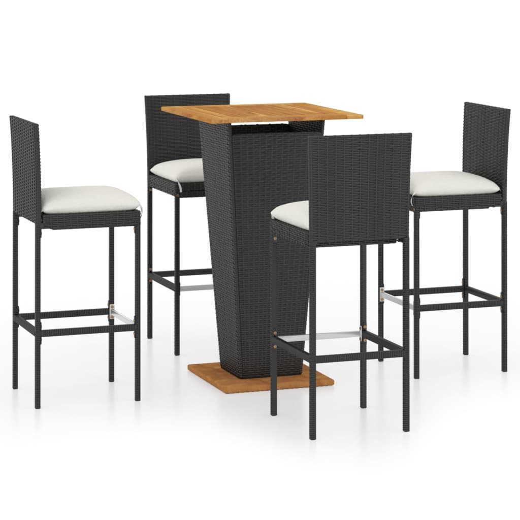 Set mobilier bar de grădină cu perne, 5 piese, negru, poliratan