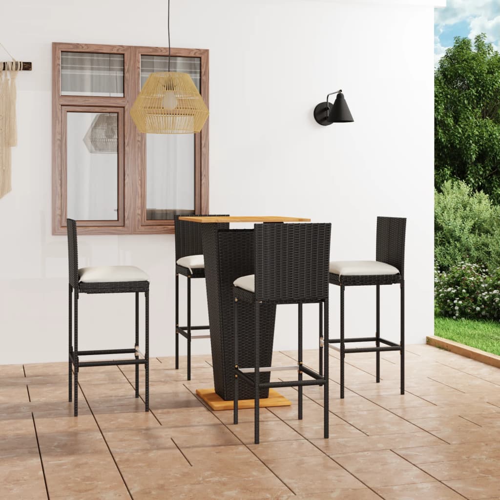 Set mobilier bar de grădină cu perne, 5 piese, negru, poliratan