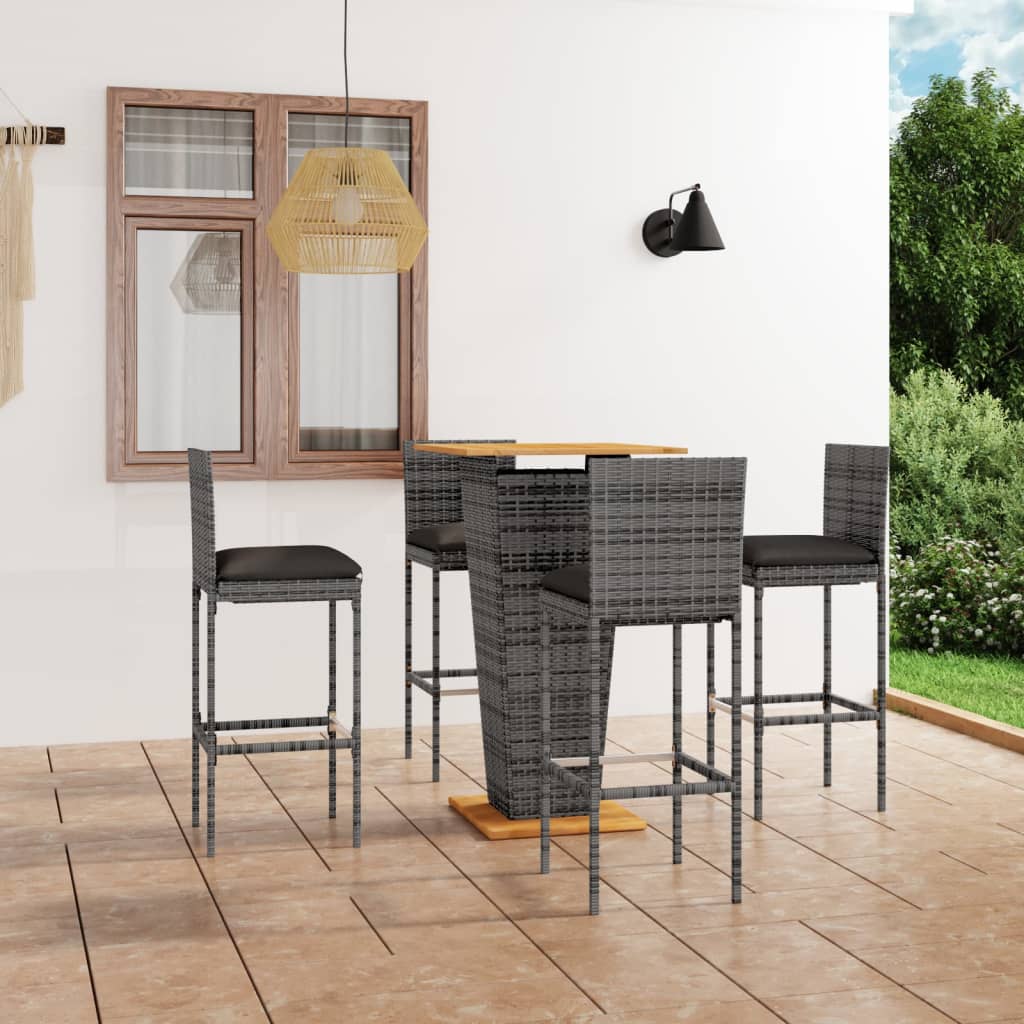 Set mobilier bar de grădină cu perne, 5 piese, gri, poliratan