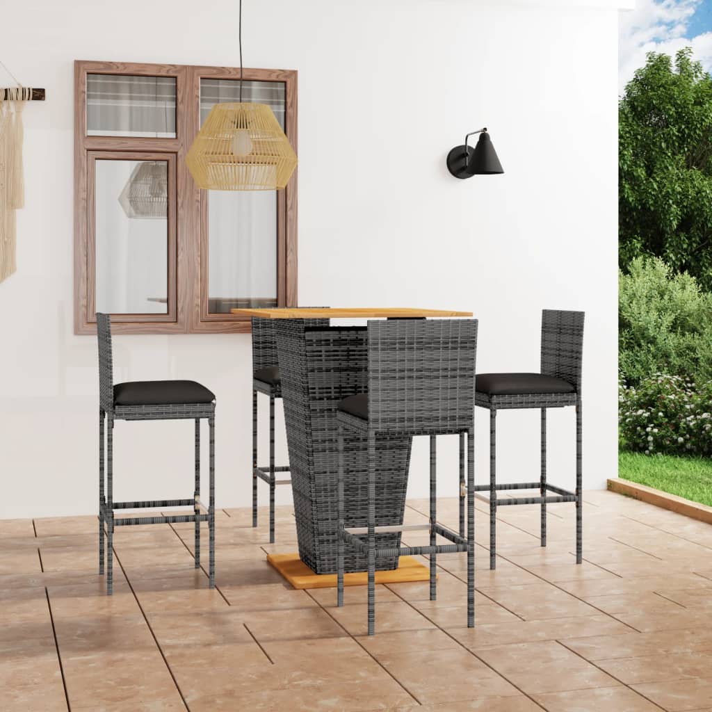 Set mobilier bar de grădină cu perne, 5 piese, gri, poliratan