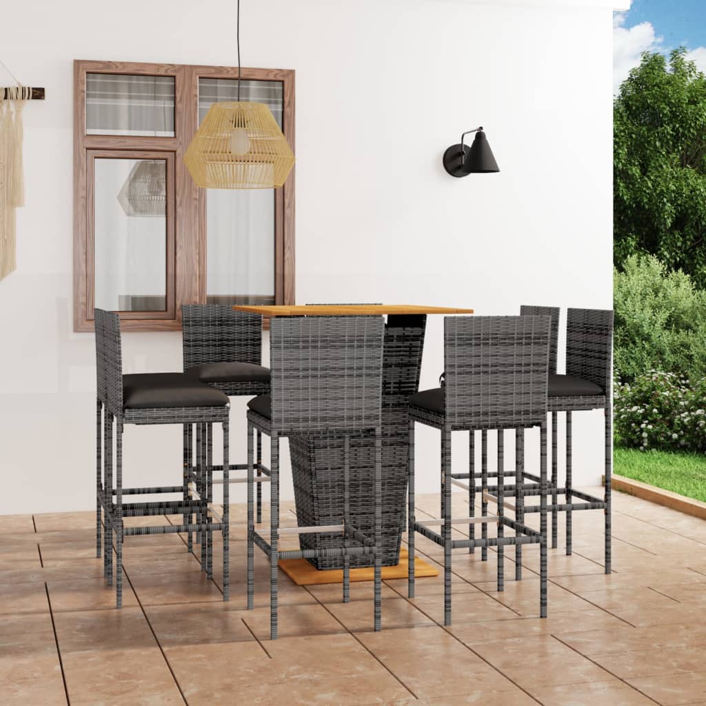 Set mobilier bar de grădină cu perne, 9 piese, gri, poliratan