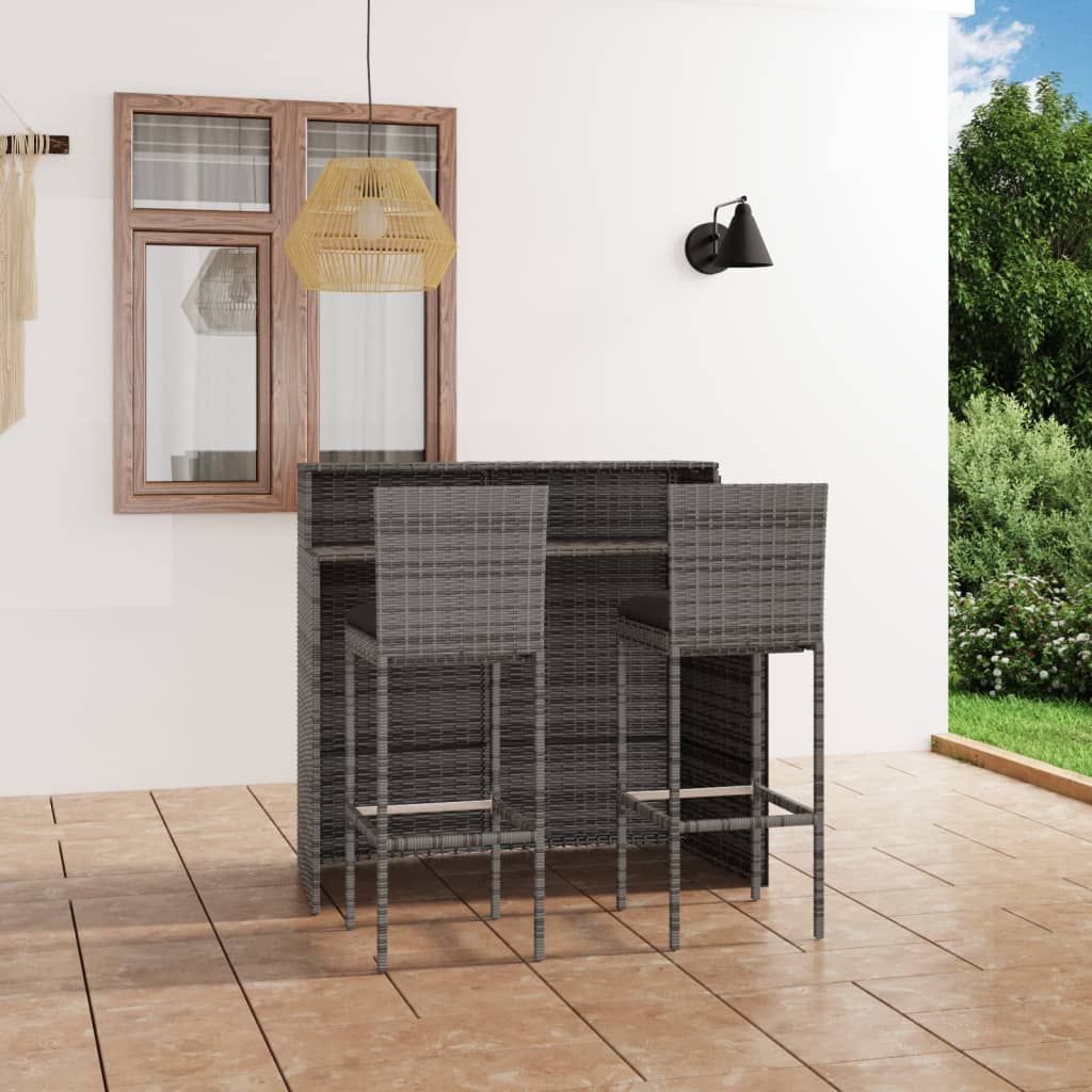 Set mobilier de bar de grădină cu perne, 3 piese, gri