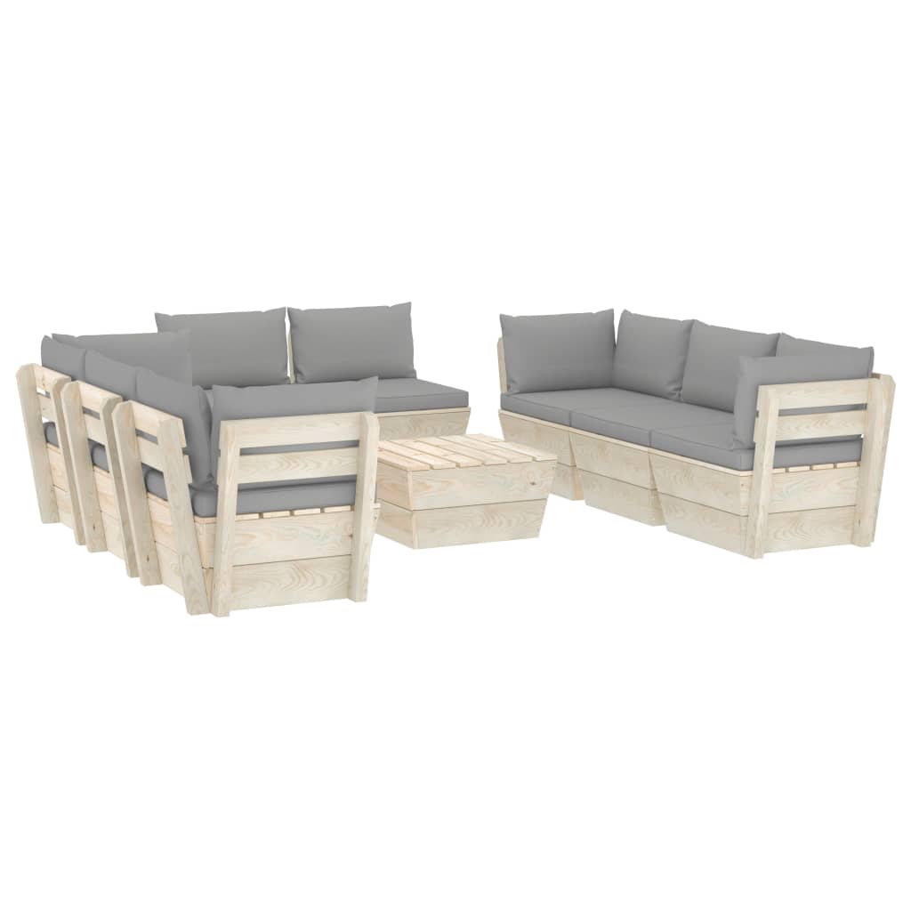 Set mobilier grădină paleți, 9 piese, cu perne, lemn de molid