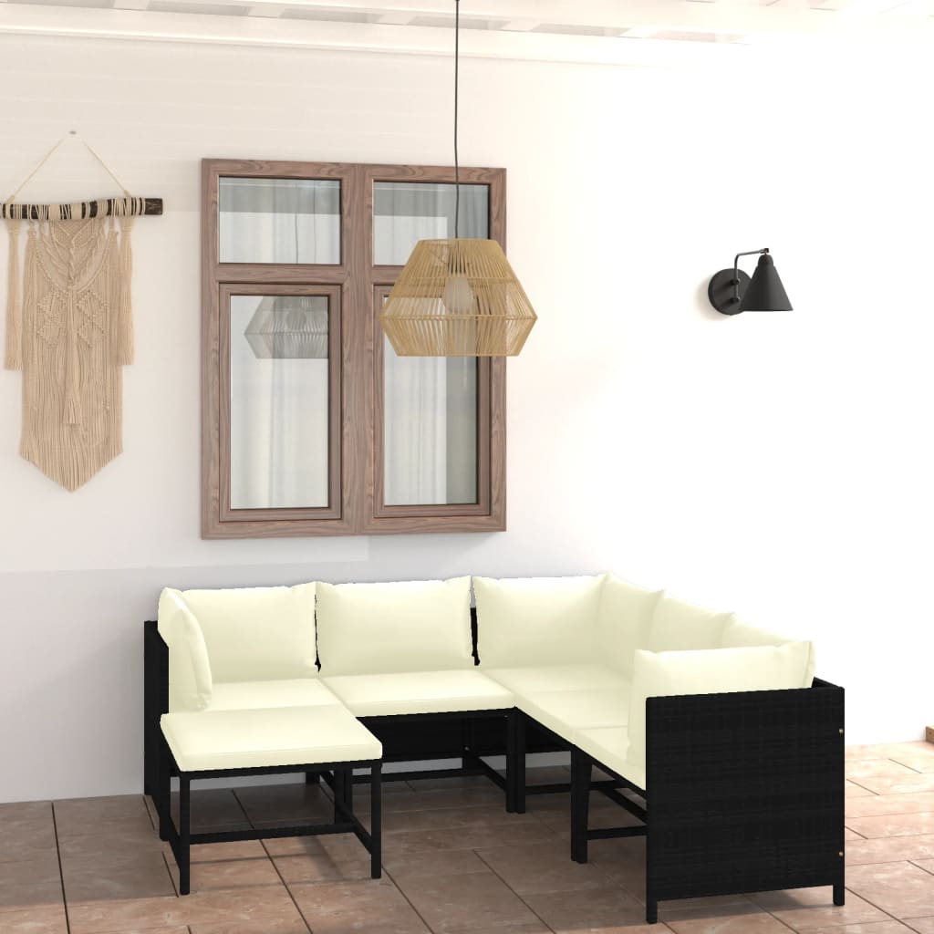 Set mobilier de grădină cu perne, 6 piese, negru, poliratan