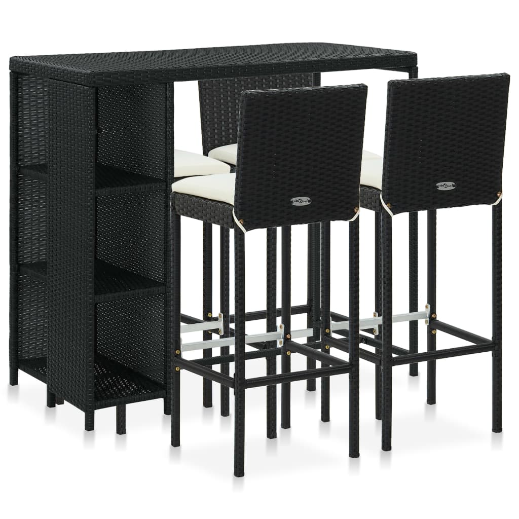 Set mobilier bar de grădină cu perne, 5 piese, negru, poliratan