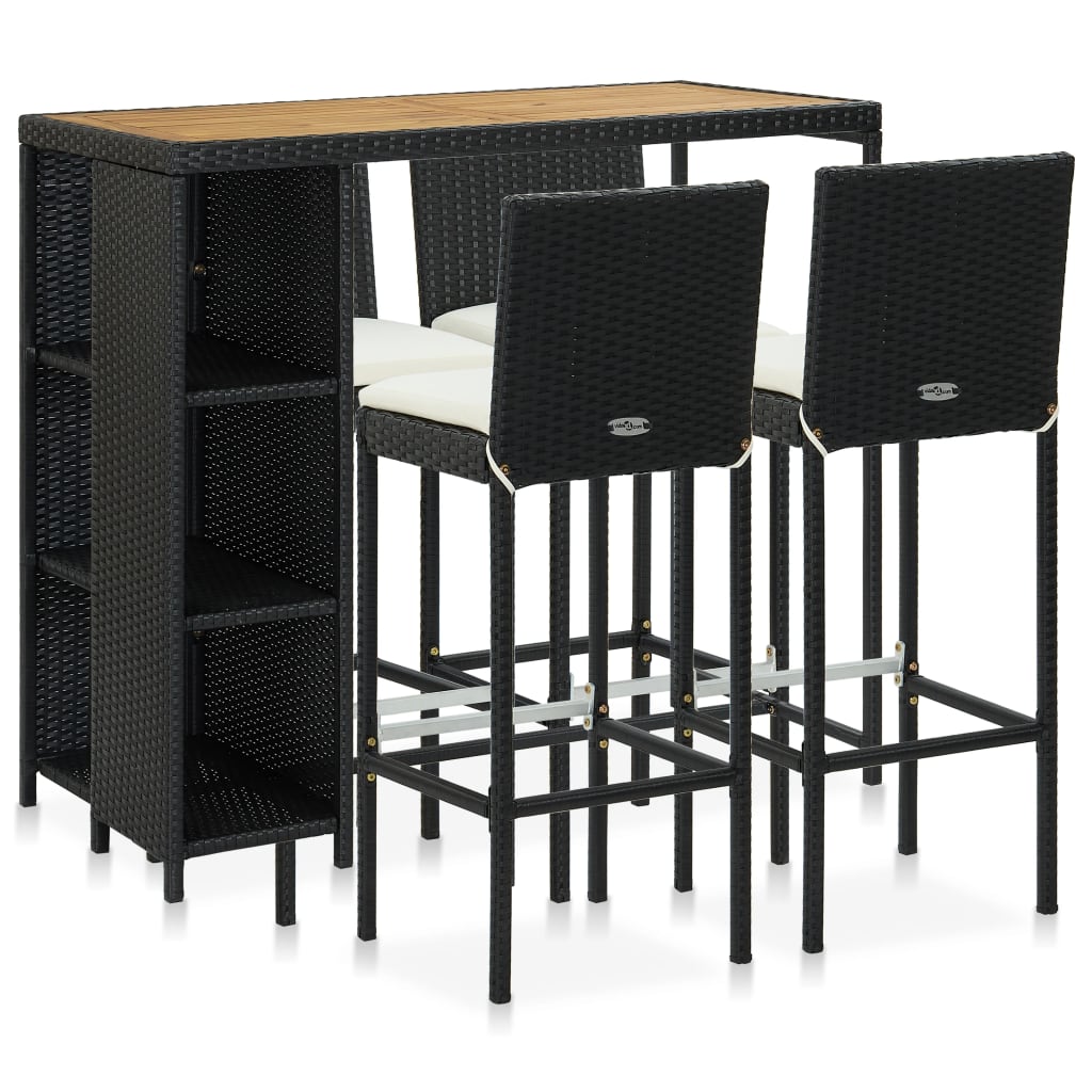 Set mobilier bar de grădină cu perne, 5 piese, negru, poliratan