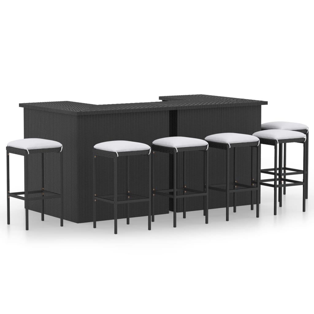 Set mobilier bar de grădină cu perne, 8 piese, negru, poliratan