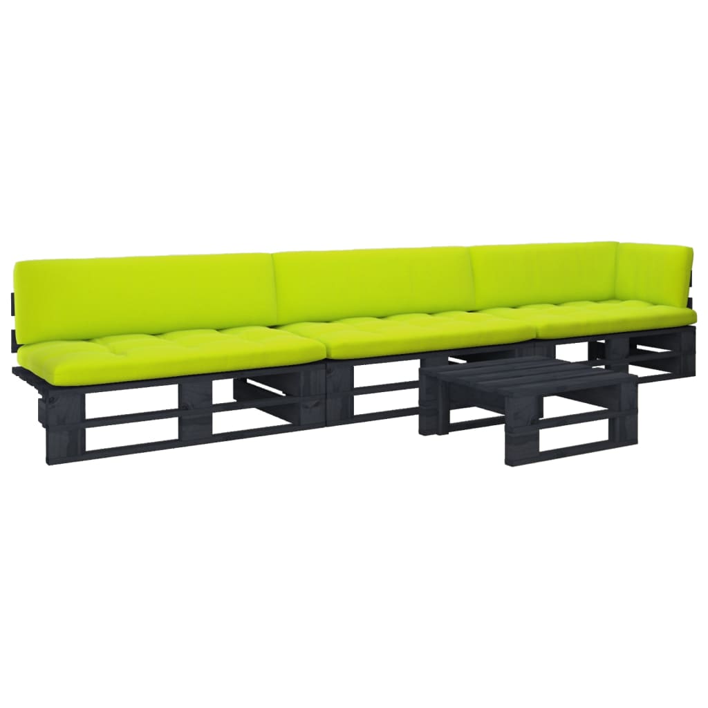 Set mobilier paleți cu perne, 4 piese, negru, lemn pin tratat