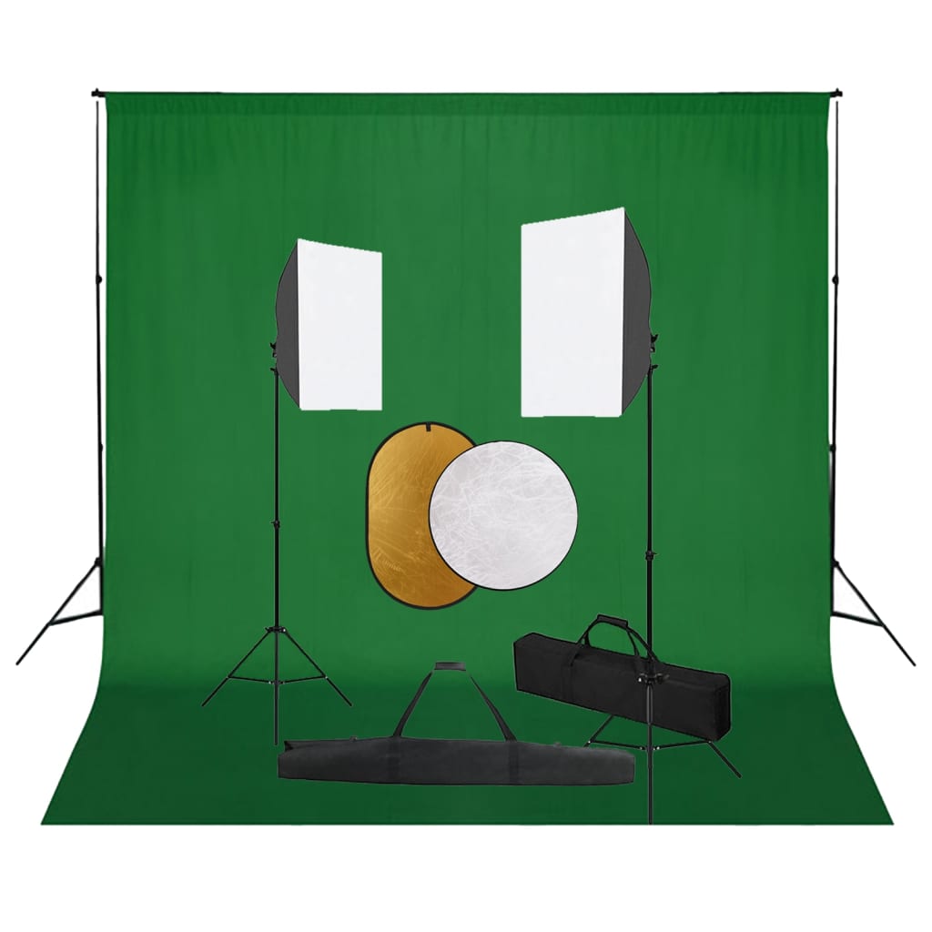 Set studio foto cu lumini softbox, fundal și reflector