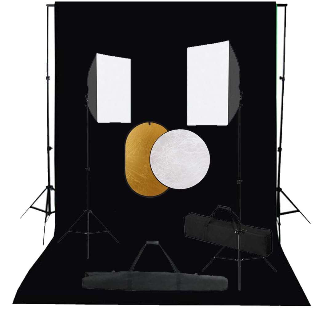 Set studio foto cu lumini softbox, fundal și reflector