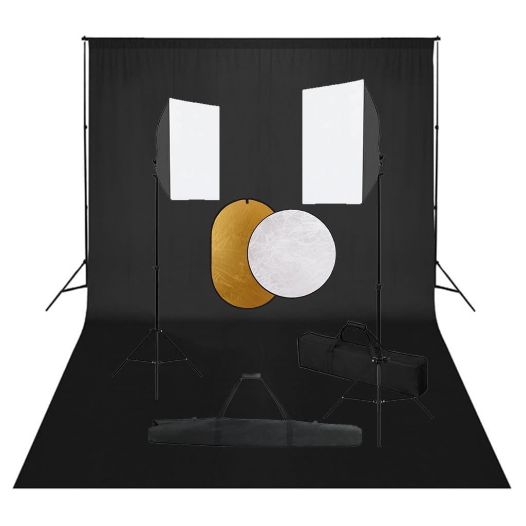 Set studio foto cu lumini softbox, fundal și reflector