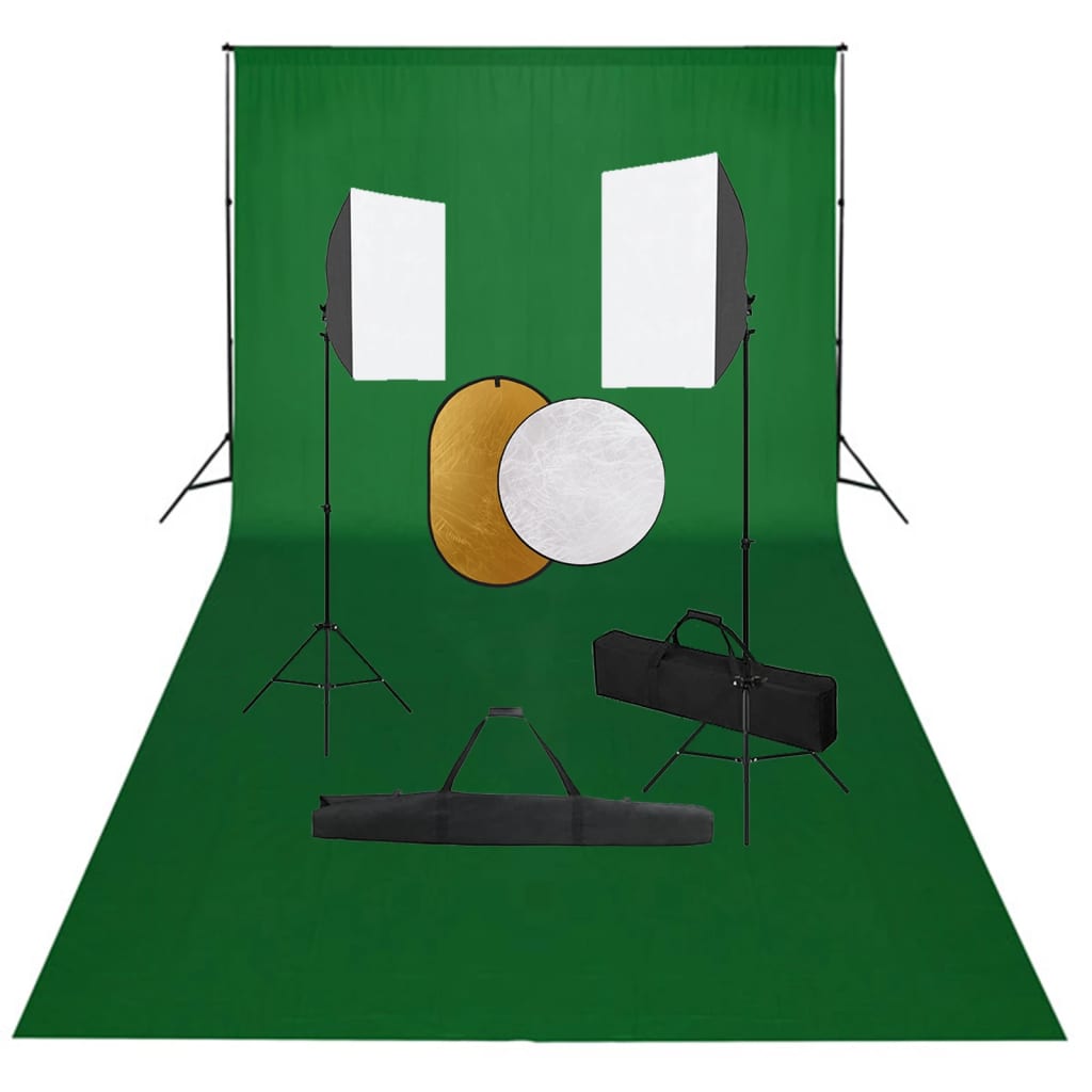 Set studio foto cu lumini softbox, fundal și reflector