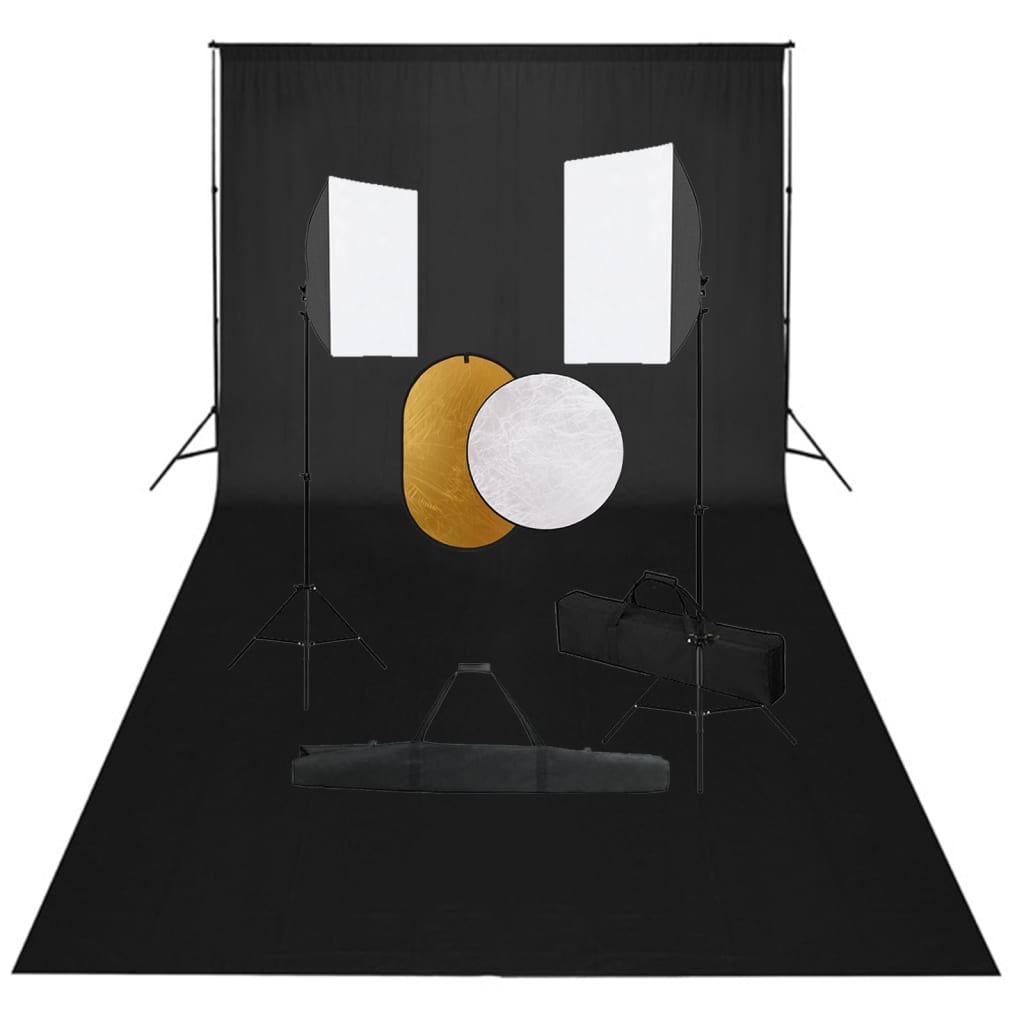 Set studio foto cu lumini softbox, fundal și reflector