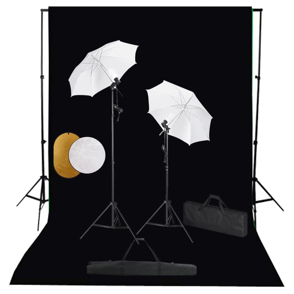 Set studio foto cu lămpi, umbrele, fundal și reflector