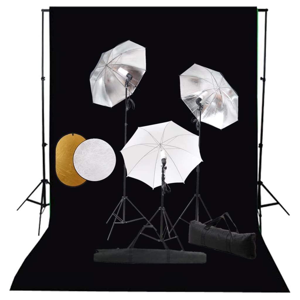 Set studio foto cu lămpi, umbrele, fundal și reflector