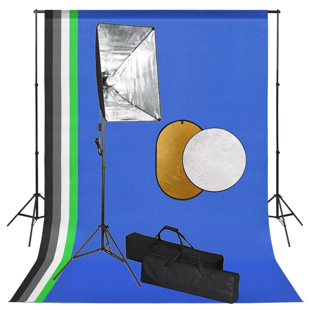 Set studio foto cu lumini softbox, fundal și reflector