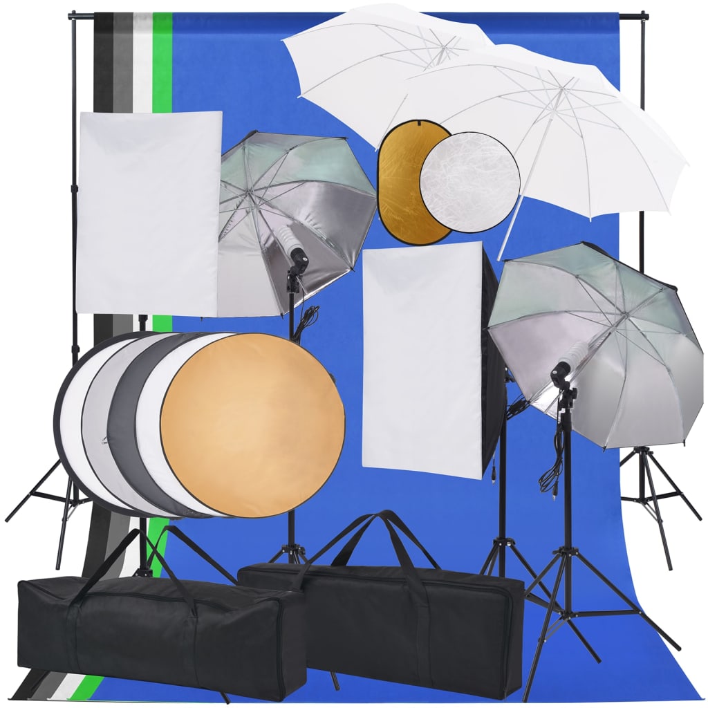 Set studio foto cu lumini softbox, umbrele, fundal și reflector