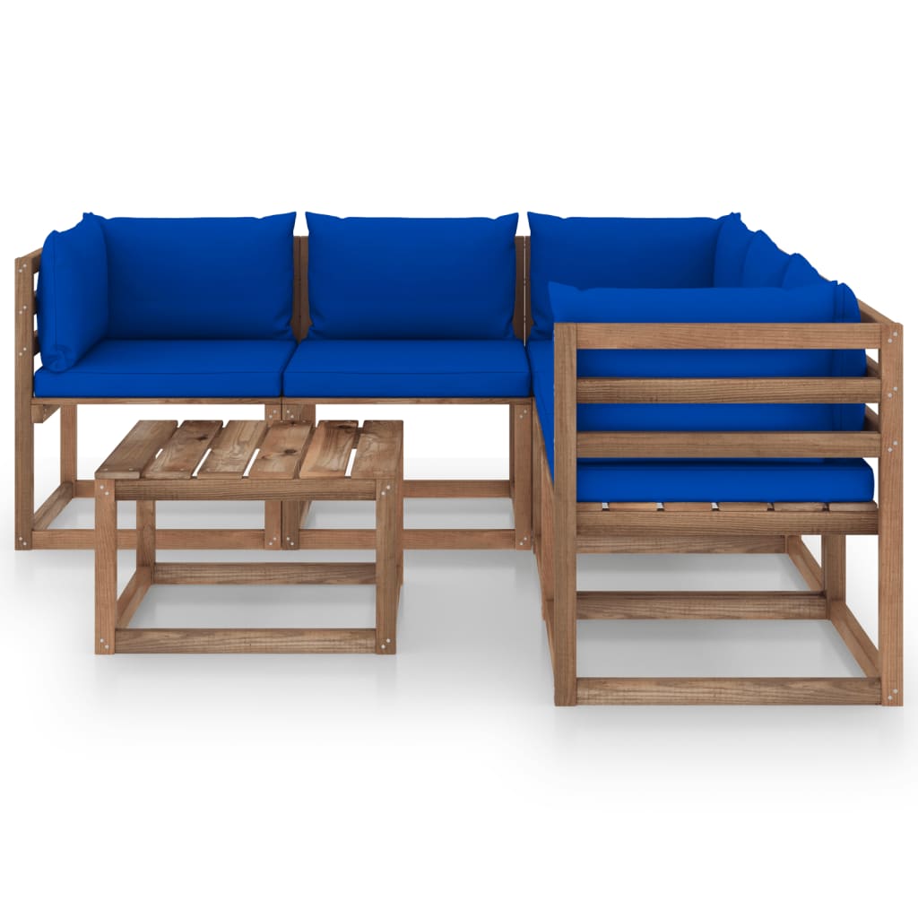Set mobilier de grădină perne albastre, 6 piese lemn pin tratat