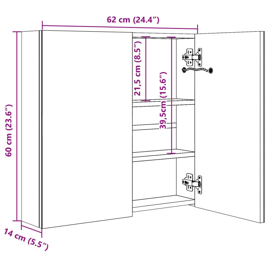 Dulap de baie cu oglindă și LED, gri beton, 62x14x60 cm