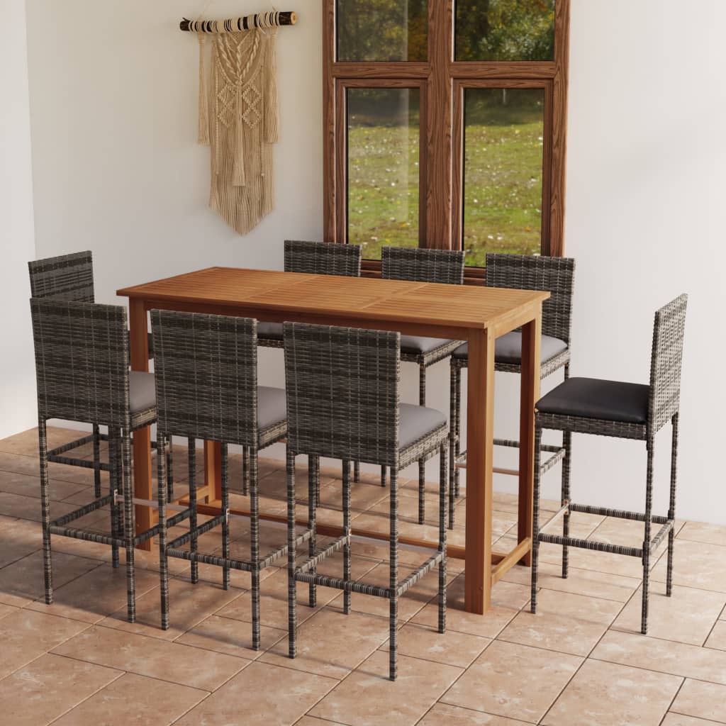 Set mobilier bar de grădină cu perne, 9 piese, gri