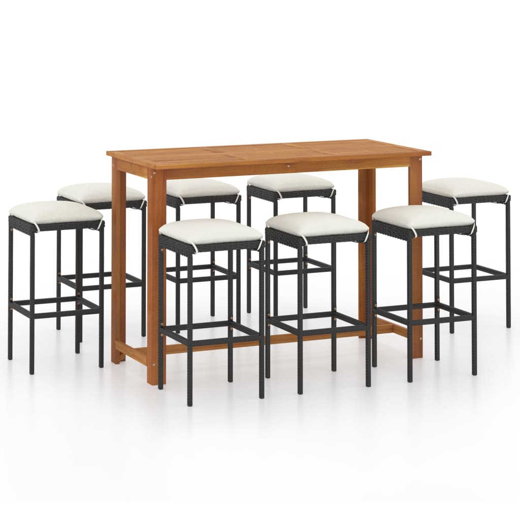 Set mobilier bar de grădină cu perne, 9 piese, negru