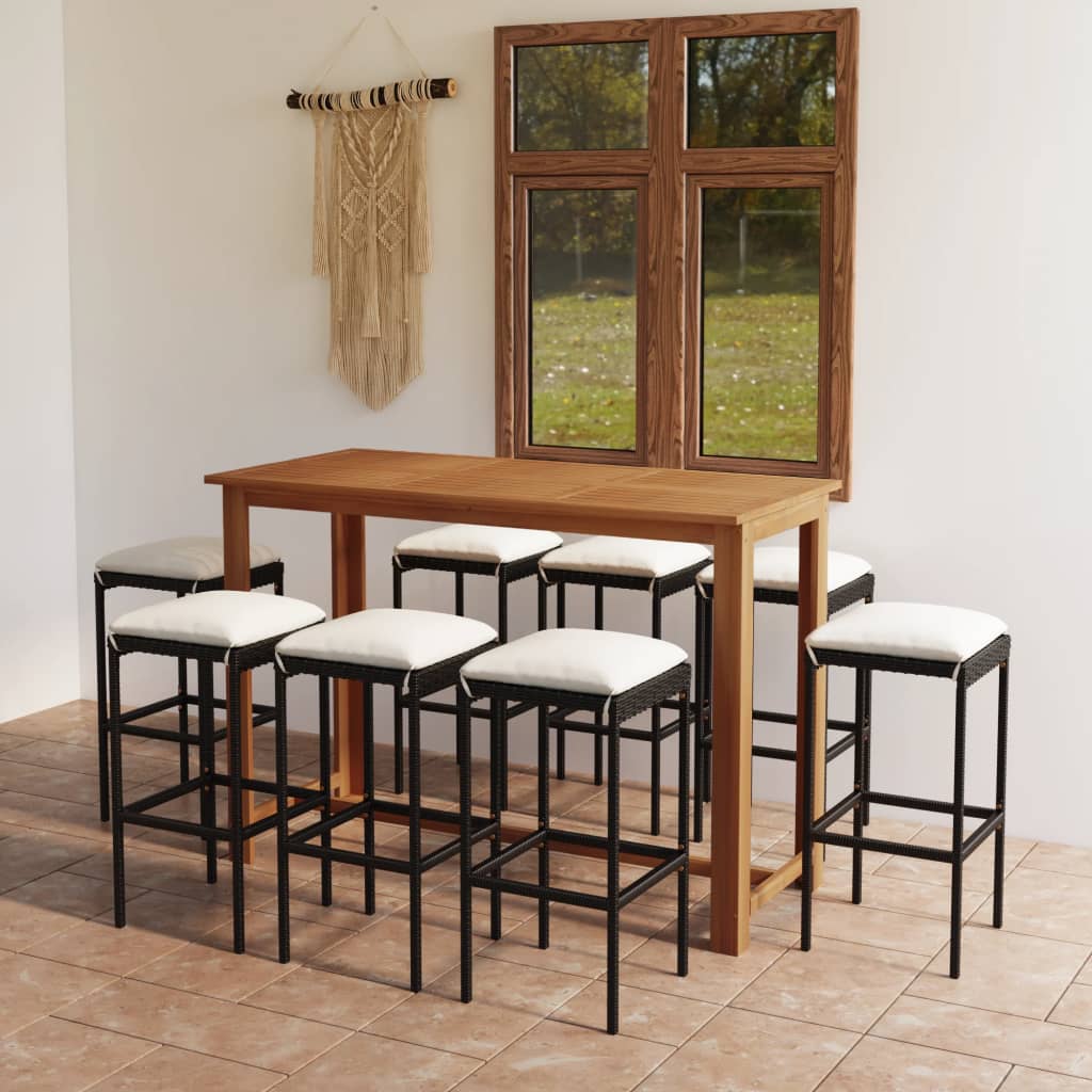 Set mobilier bar de grădină cu perne, 9 piese, negru