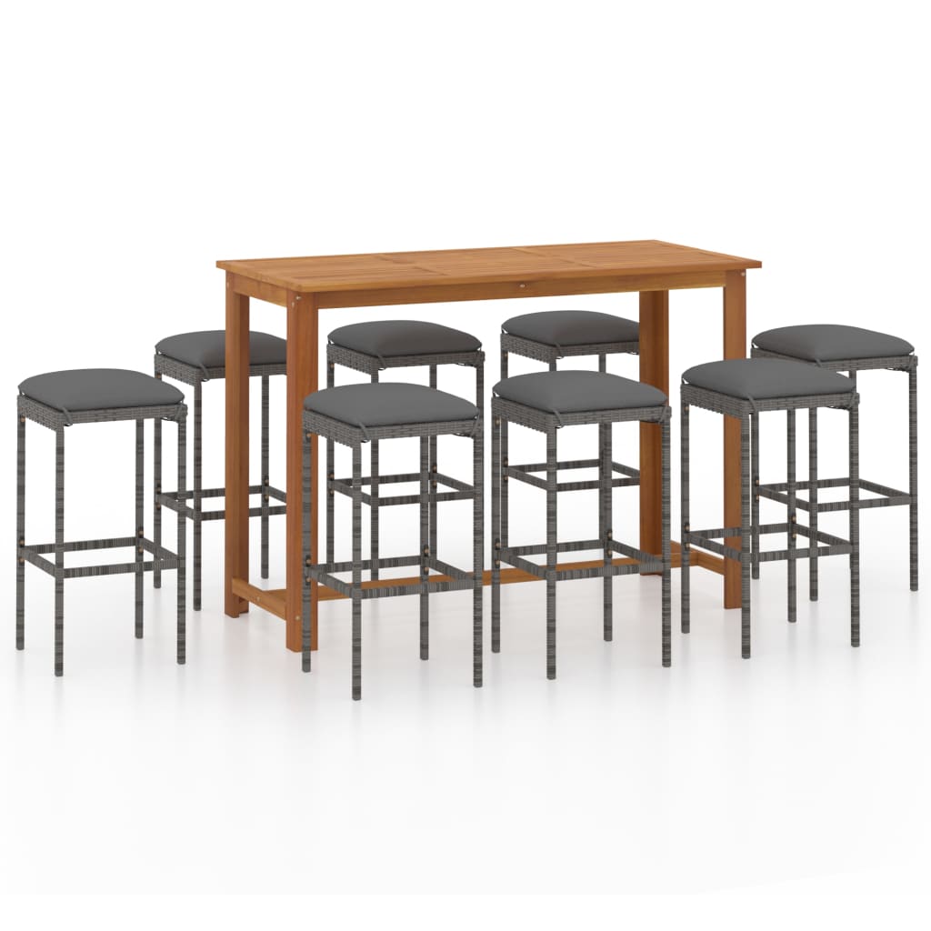 Set mobilier bar de grădină cu perne, 9 piese, gri