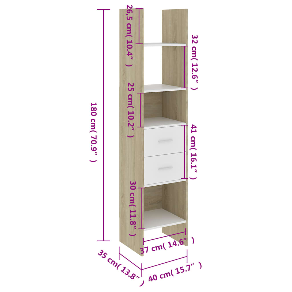 Bibliotecă, alb și stejar Sonoma, 40x35x180 cm, lemn prelucrat