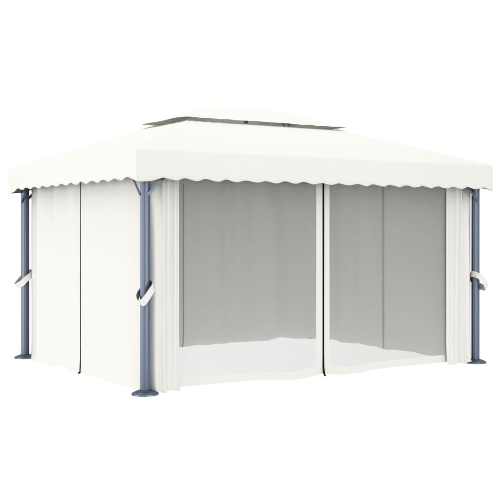 Pavilion cu perdele & șiruri lumini LED, alb crem, 4x3 m