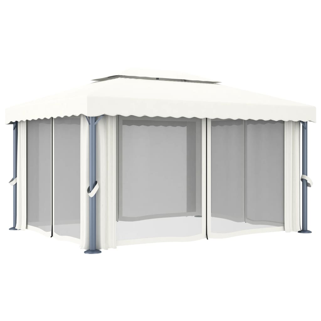 Pavilion cu perdele & șiruri lumini LED, alb crem, 4x3 m