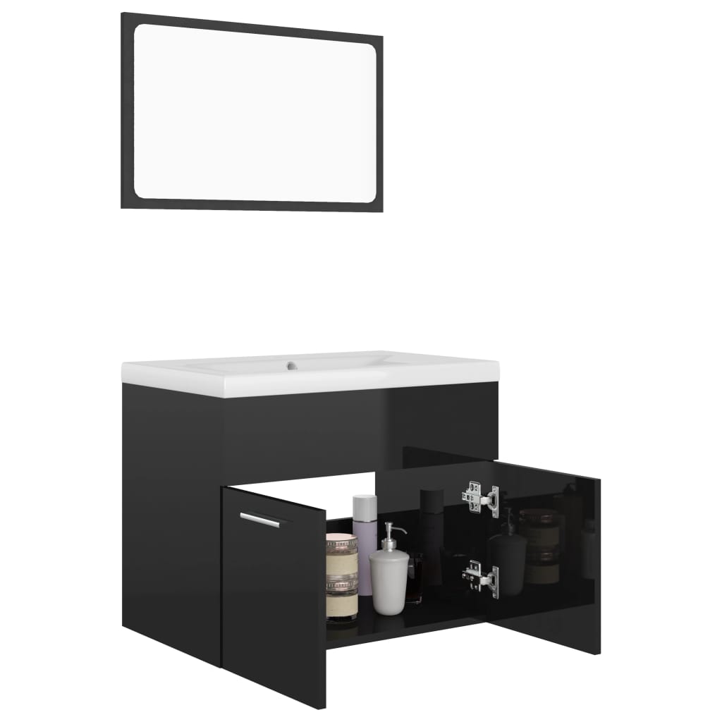 Set mobilier de baie, negru extralucios, lemn prelucrat