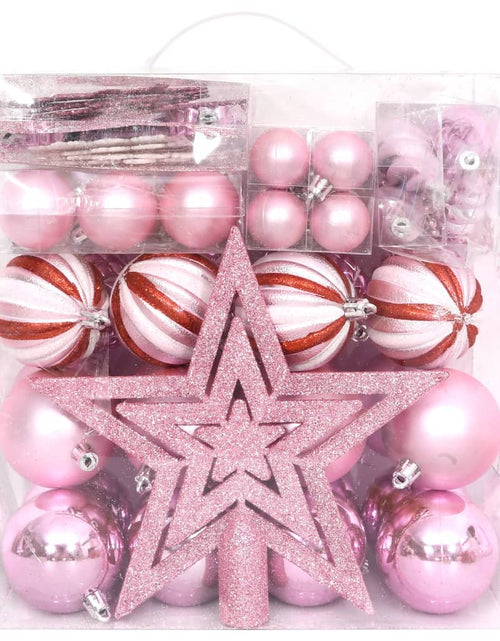 Încărcați imaginea în vizualizatorul Galerie, Set globuri de Crăciun, 65 piese, roz / roșu / alb
