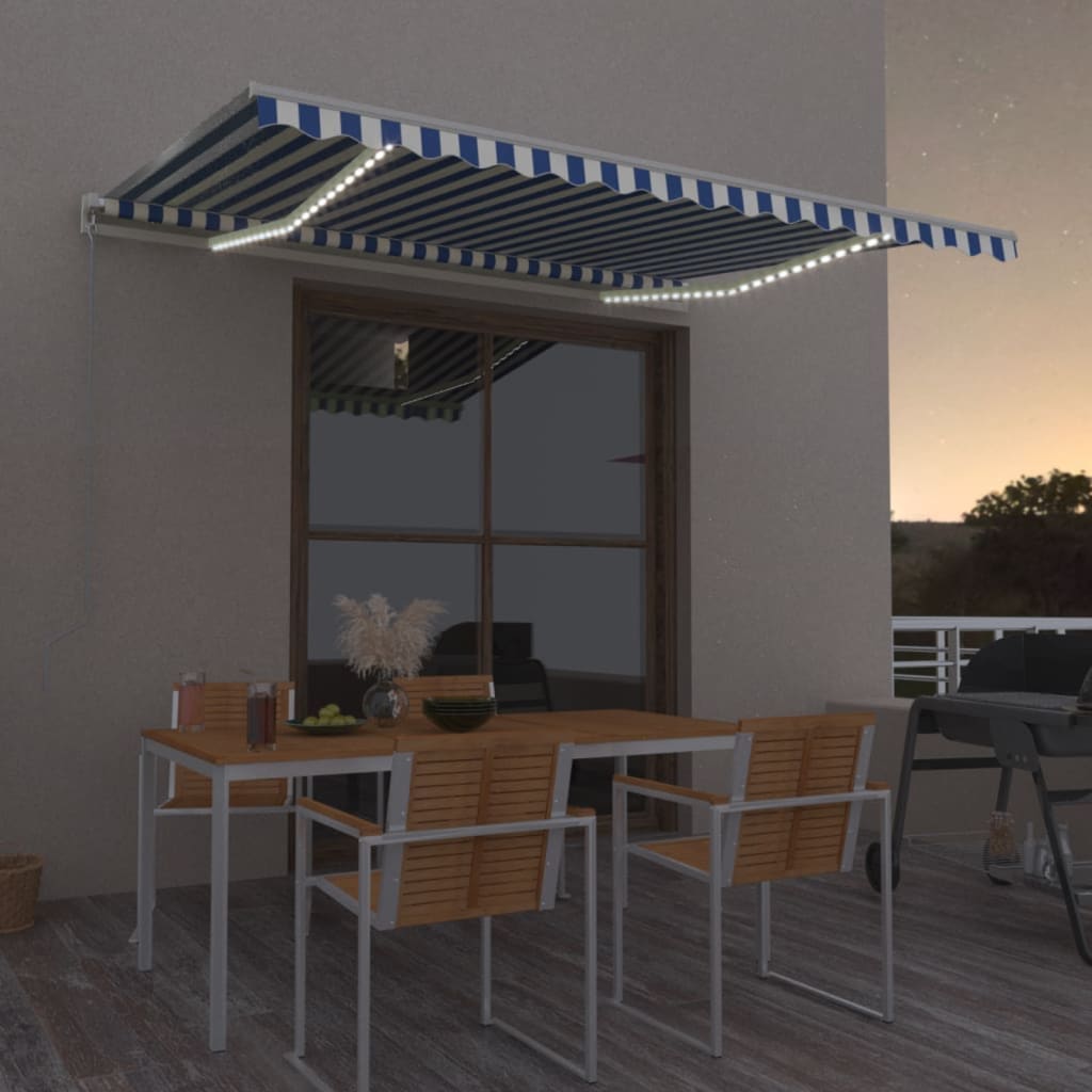 Copertină retractabilă manual cu LED, albastru/alb, 400x350 cm