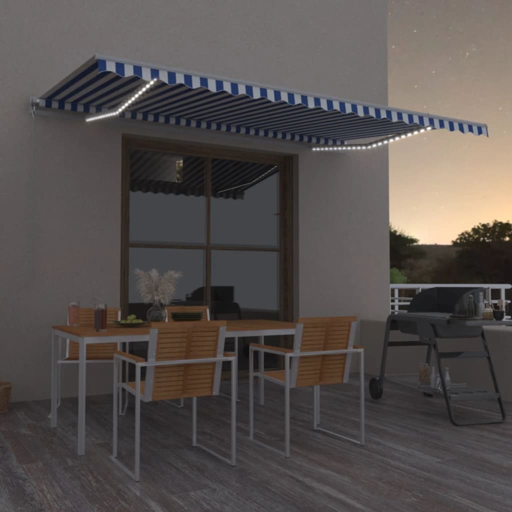 Copertină retractabilă manual cu LED, albastru&alb, 500x350 cm