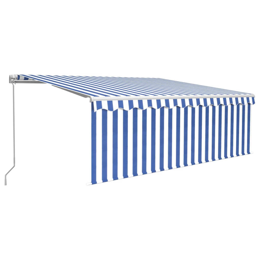 Copertină retractabilă manual cu stor, albastru&alb, 4x3 m