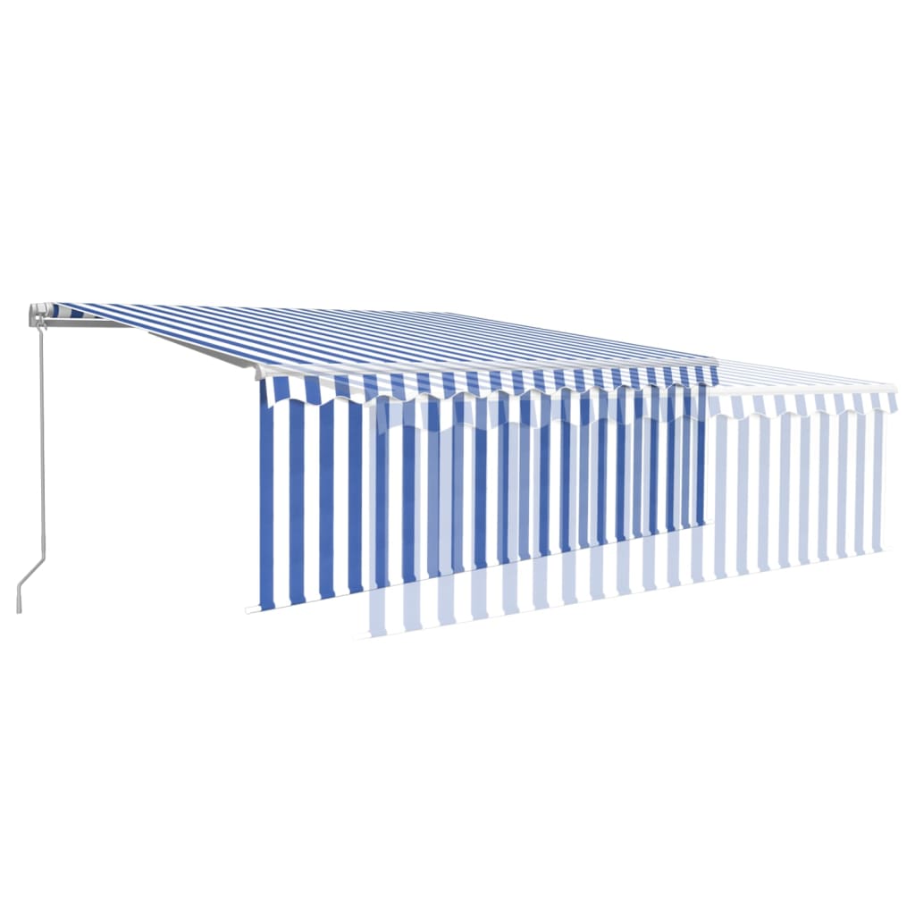 Copertină retractabilă manual cu stor, albastru&alb, 4x3 m