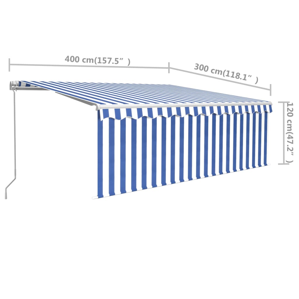 Copertină retractabilă manual cu stor, albastru&alb, 4x3 m