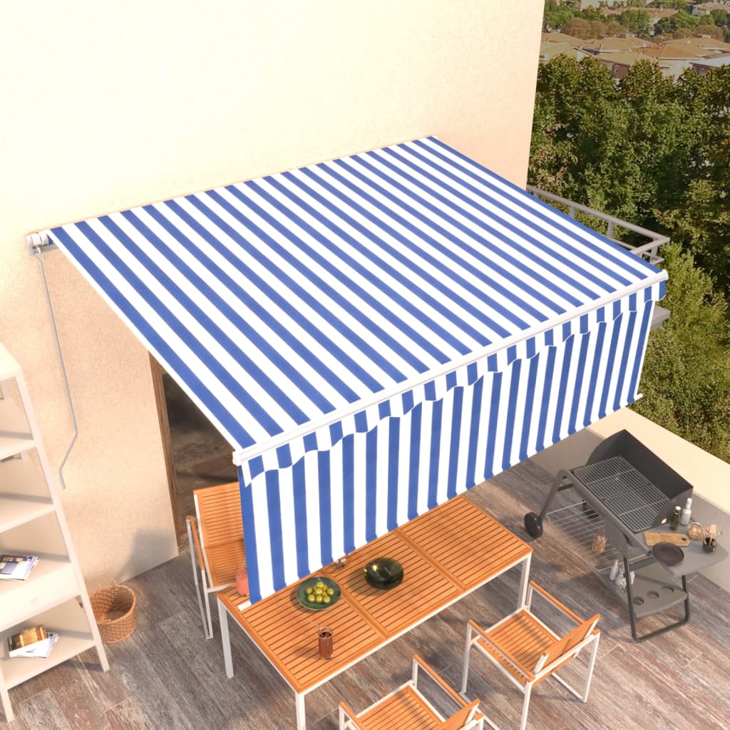 Copertină retractabilă manual cu stor, albastru&alb, 4x3 m