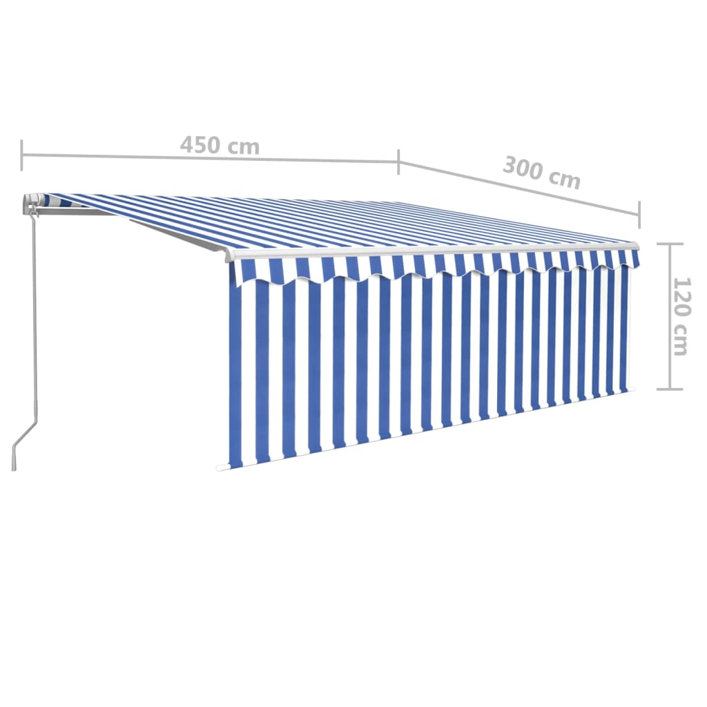 Copertină retractabilă manual cu stor, albastru&alb, 4,5x3 m