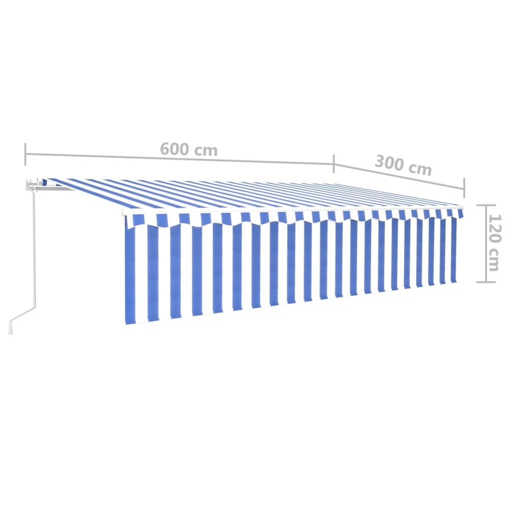 Copertină retractabilă manual cu stor&LED, albastru&alb, 6x3 m