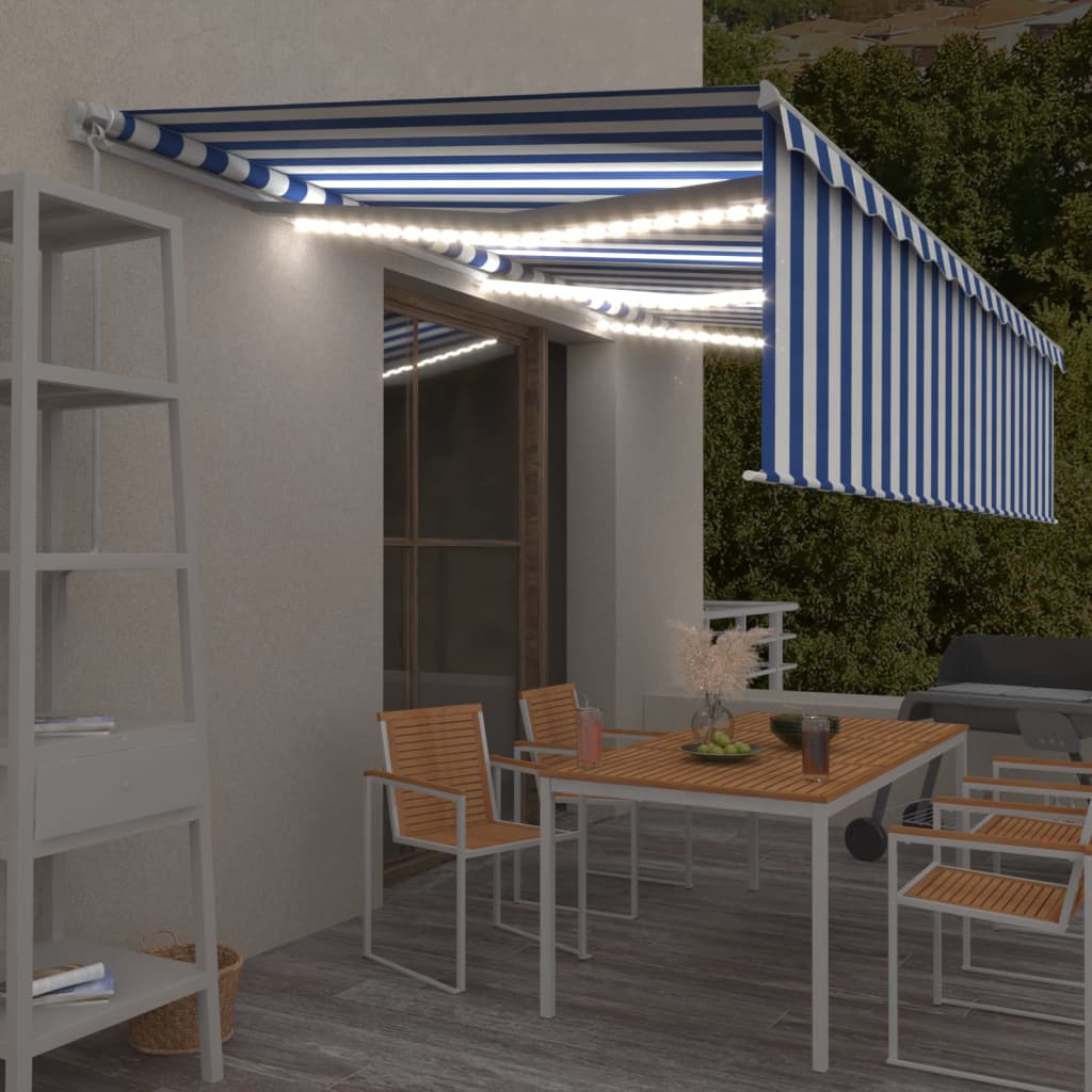 Copertină retractabilă manual cu stor&LED, albastru&alb, 6x3 m